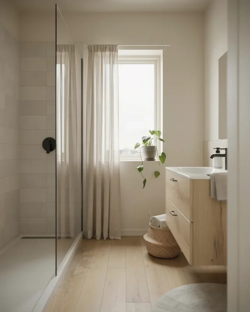 badrumsrenovering med duschh rna och specialsnickrad kommod i luthagen