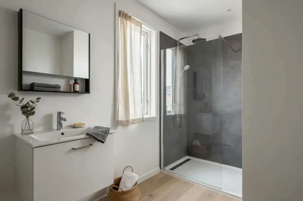 badrumsrenovering med kommod spegelsk p och dusch i flogsta